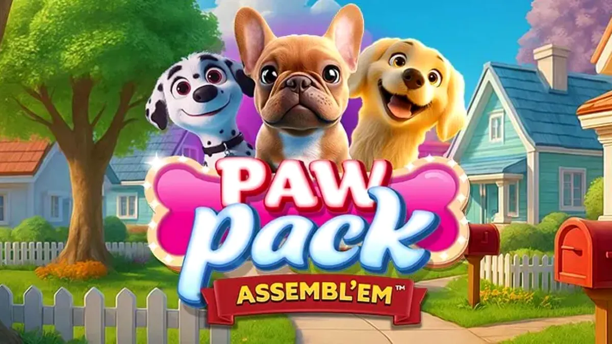 Tampilan visual slot Paw Pack Assembl’Em dengan karakter anjing kartun yang ceria