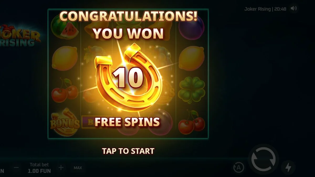 Tampilan visual slot Joker Rising dengan simbol buah neon dan karakter Joker
